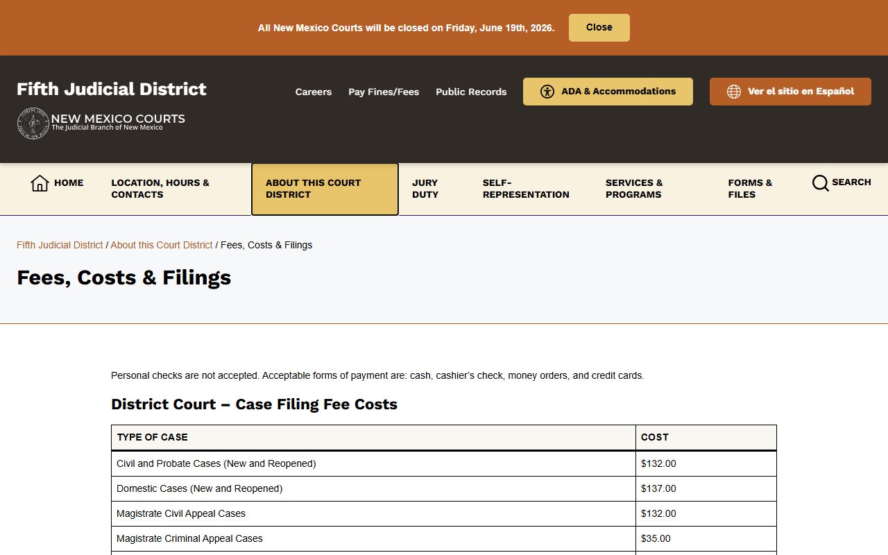 Eddy County District Court filing fees and costs records