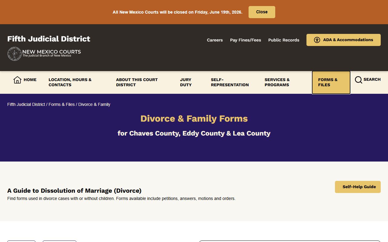 Eddy County divorce records Fifth District forms