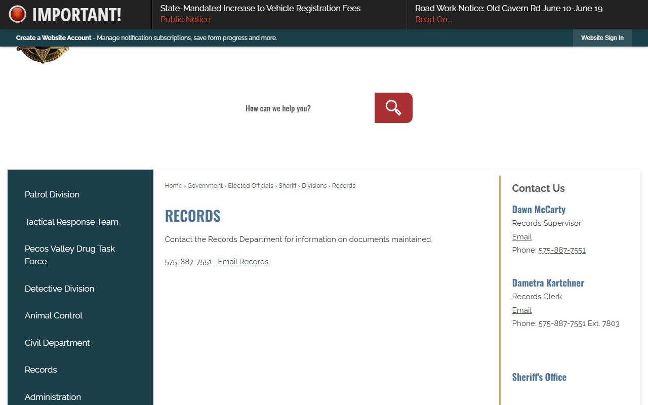 Eddy County warrant records sheriff records page